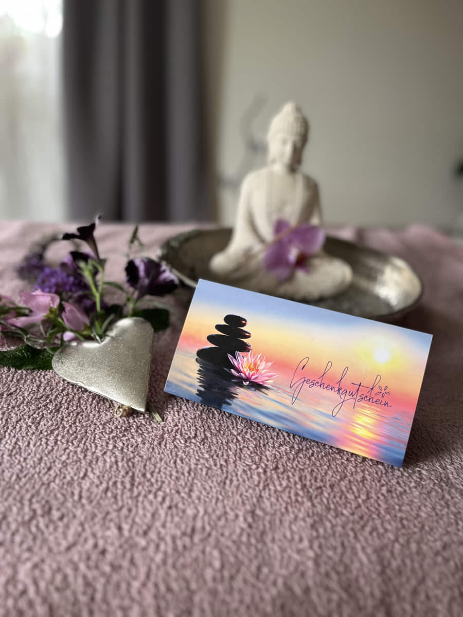 Geschenkgutschein, silbriges Herz, Blumen, steinerner Buddha in Räucherschale